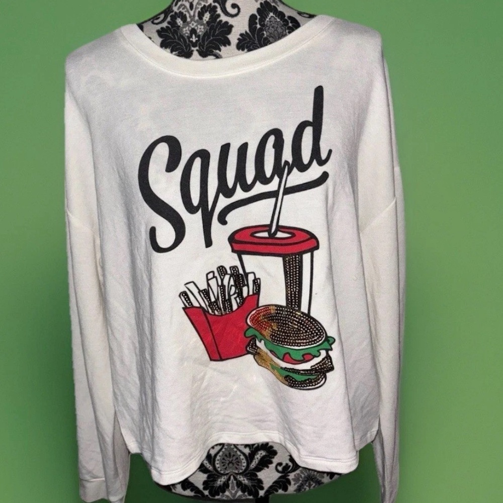 NWT Squad Sequin Sweatshirt – Cute Foodie Graphic Top —Pullover Cozy Crop Cut